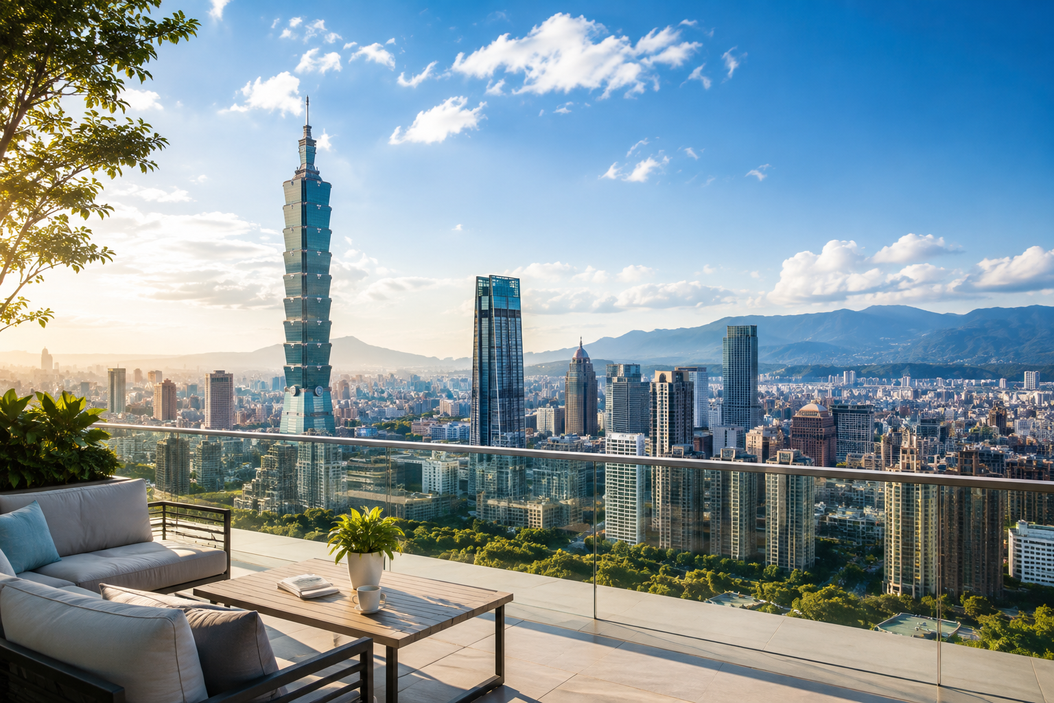 從明亮住宅露台眺望台北城市天際線